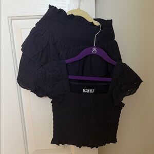 Black Smocked Top and Skirt Set navy